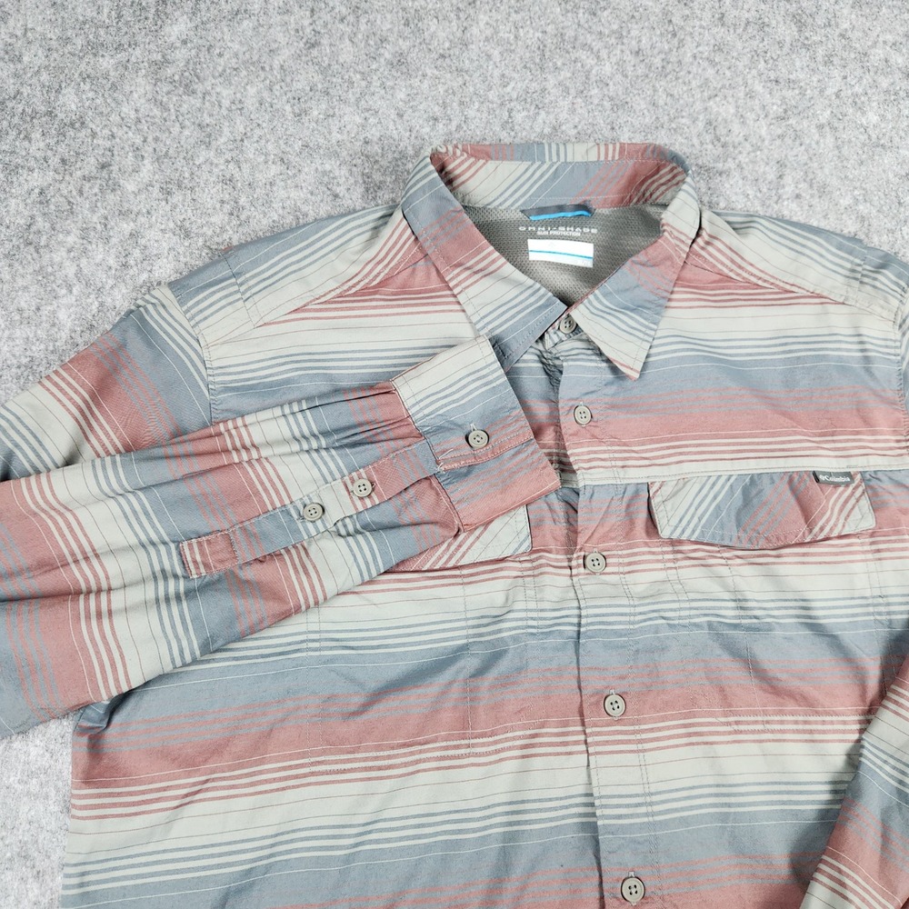 Columbia Shirt Men XL Blue Striped Omni Shade Hiking Fishing Vented Mesh Outdoor
